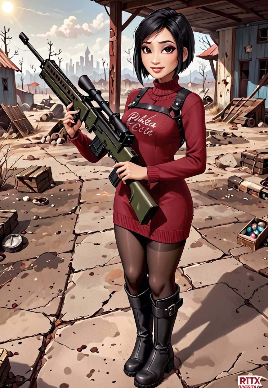 ((((Fallout_4_style)))), 24yo Ada Wong with BLACK asymmetrical blunt bobcut and (black eyeshadow), wearing (burgundy turtleneck sweater dress) with ((black_harness)), ((((black nylon pantyhose)))) under, (((long Black leather overknee thighhigh boots))), Holding ((Assault Rifle)), Gun, Weapon, in apocalyptic Downtown Boston, Nuka_Cola_Bottle, smile, hypnosis gaze, haze, perfect composition, epic, rtx on, UHD, 32K, photorealistic, ((natural realistic skin tone and texture)). Fallout_4_logo,disney pixar style,fallout,score_9, score_8_up
