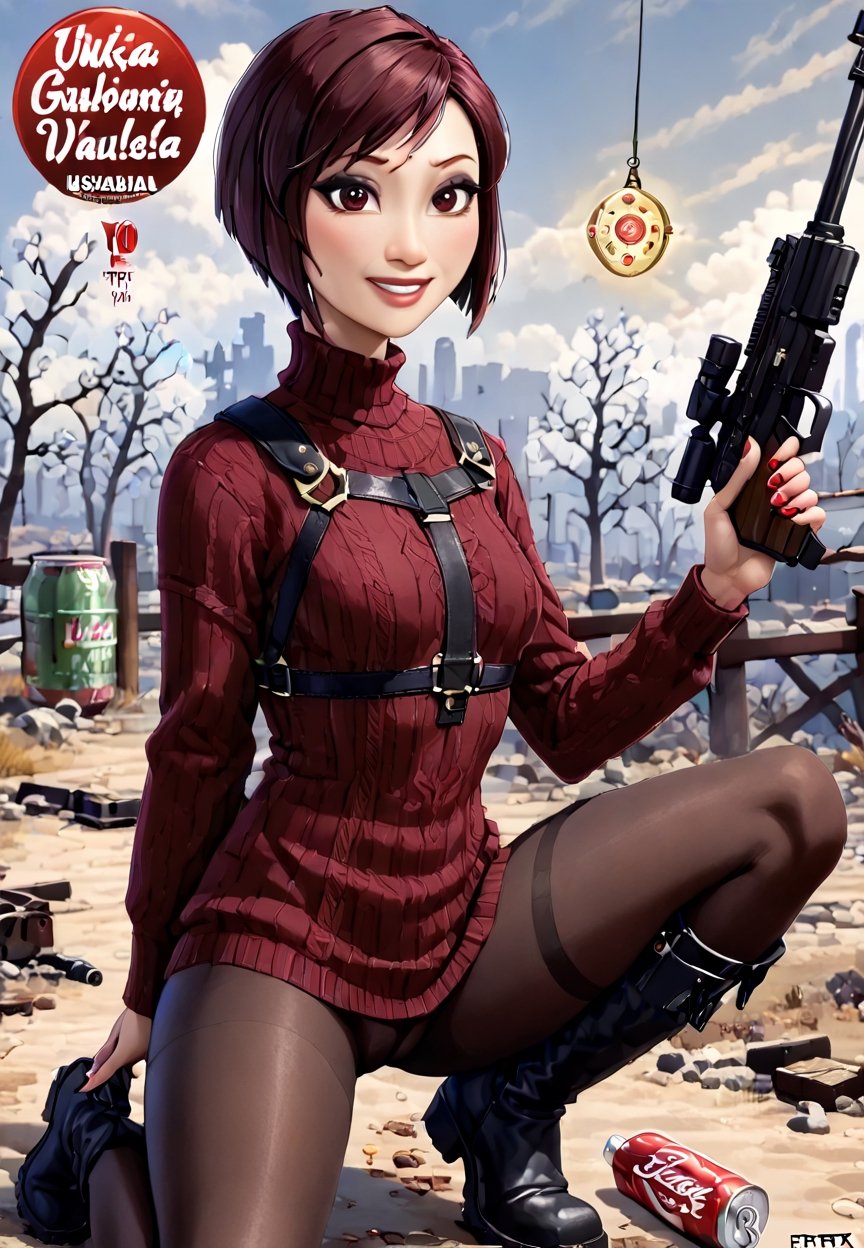 ((((Fallout_4_style)))), 24yo Ada Wong with BLACK asymmetrical blunt bobcut and (black eyeshadow), wearing (burgundy turtleneck sweater dress) with ((black_harness)), ((((black nylon pantyhose)))) under, (((long Black leather overknee thighhigh boots))), Holding ((Assault Rifle)), in apocalyptic ((wastecity)), Nuka_Cola_Bottle, Brotherhood of Steel, smile, hypnosis gaze, haze, perfect composition, epic, rtx on, UHD, 32K, photorealistic, ((natural realistic skin tone and texture)). Fallout_4_logo,disney pixar style,fallout,score_9