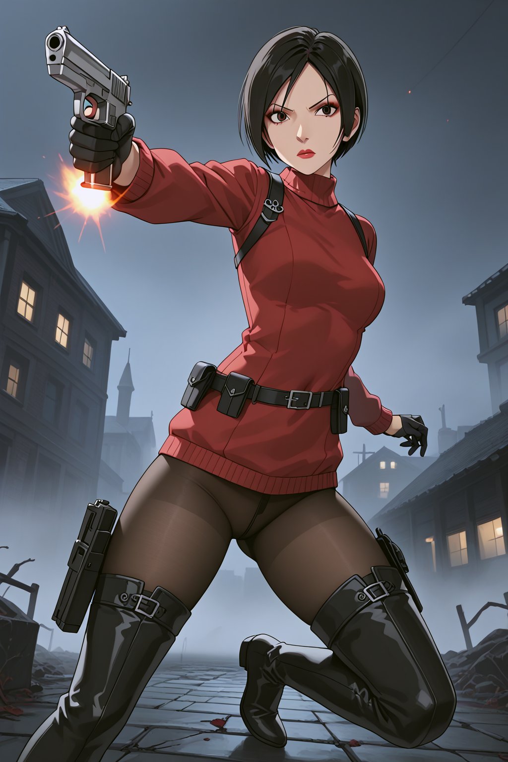 score_9, score_8_up, score_7_up, source_resident_evil_4,1girl,solo, ada wong, (burgundy sweater, thigh boots, black pantyhose, sunglasses,holster, black gloves,handgun), action_pose,dynamic_pose, horror themed, dark,night,fog