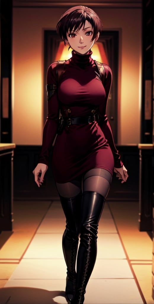 Thigh up, EPBlackLagoonStyle, Solo, Ada Wong with short hair, wearing a ((burgundy Turtleneck sweater dress)), (((black Pantyhose))), (((Long black leather thighhigh Boots))), (Holster, harness), smile, dark atmosphere, Horror themed, midnight, inside Police station