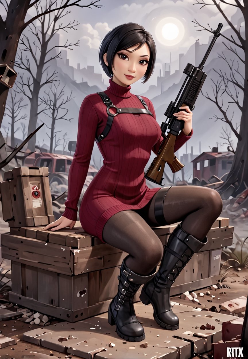 ((((Fallout_4_style)))), 24yo Ada Wong with BLACK asymmetrical blunt bobcut and (black eyeshadow), wearing (burgundy turtleneck sweater dress) with ((black_harness)), ((((black nylon pantyhose)))) under, (((long Black leather thighhigh boots))), she holds a (((Assault Rifle))), sitting in apocalyptic ((wastecity)), smirk, hypnosis gaze, nighttime, haze, perfect composition, epic, rtx on, UHD, 32K, photorealistic, ((natural realistic skin tone and texture)). Fallout_4_logo,disney pixar style