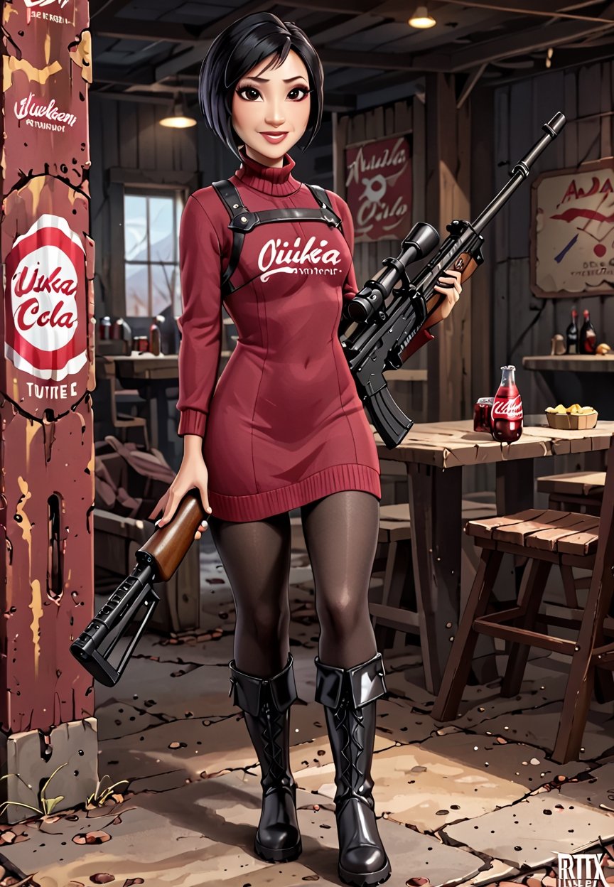 ((((Fallout_4_style)))), 24yo Ada Wong with BLACK asymmetrical blunt bobcut and (black eyeshadow), wearing (burgundy turtleneck sweater dress) with ((black_harness)), ((((black nylon pantyhose)))) under, (((long Black leather overknee thighhigh boots))), Holding ((Assault Rifle)), Gun, Weapon, in apocalyptic Downtown Boston, Nuka_Cola_Bottle, smile, hypnosis gaze, haze, perfect composition, epic, rtx on, UHD, 32K, photorealistic, ((natural realistic skin tone and texture)). Fallout_4_logo,disney pixar style,fallout,score_9, score_8_up