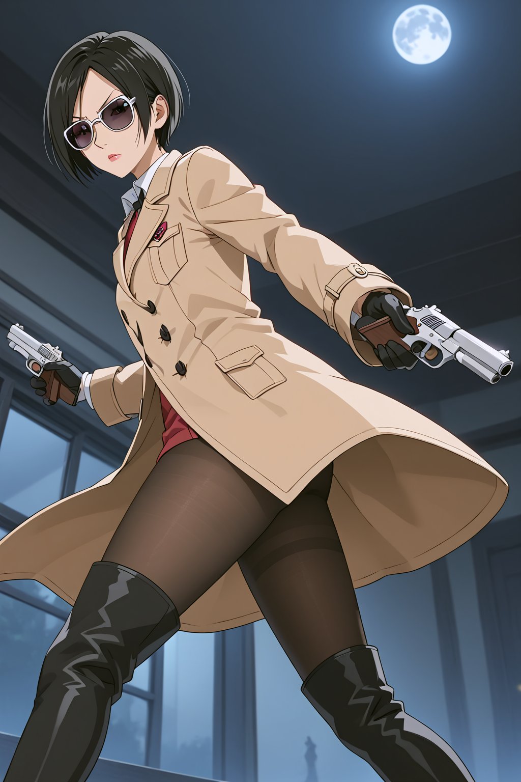 score_9,score_8_up,score_7_up,source_resident_evil_2,ada wong,solo, (brown trenchcoat,thigh boots,black pantyhose,black gloves,sunglasses,one handgun),serious,action shot,gunshot,dynamic_pose,action_pose,indoors,horror_themed,dark,night,dark atmosphere,spooky,viewed_from_side,low-angle_shot,official anime screenshot,official anime screencap,source_anime