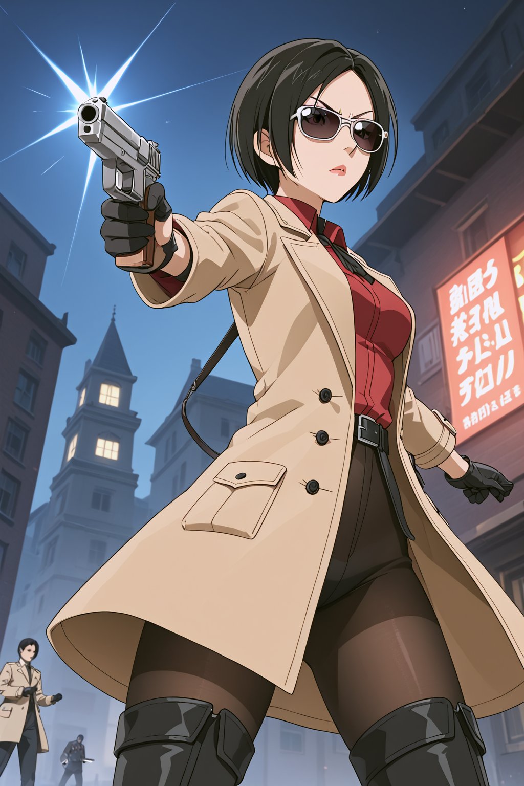 score_9,score_8_up,score_7_up,source_resident_evil_2,ada wong,solo, (brown trenchcoat,thigh boots,black pantyhose,black gloves,sunglasses,one handgun),serious,action shot,gunshot,dynamic_pose,action_pose,inside building,horror_themed,dark,night,dim light,dark atmosphere,viewed_from_side,low-angle_shot,official anime screenshot,official anime screencap,source_anime