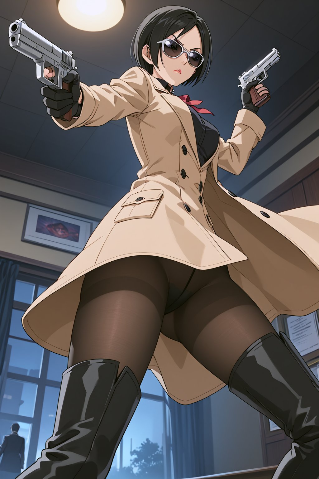 score_9,score_8_up,score_7_up,source_resident_evil_2,ada wong,solo, (brown trenchcoat,thigh boots,black pantyhose,black gloves,sunglasses,one handgun),serious,action shot,gunshot,dynamic_pose,action_pose,indoors,office,horror_themed,dark,night,dark atmosphere,spooky,viewed_from_side,low-angle_shot,official anime screenshot,official anime screencap,source_anime