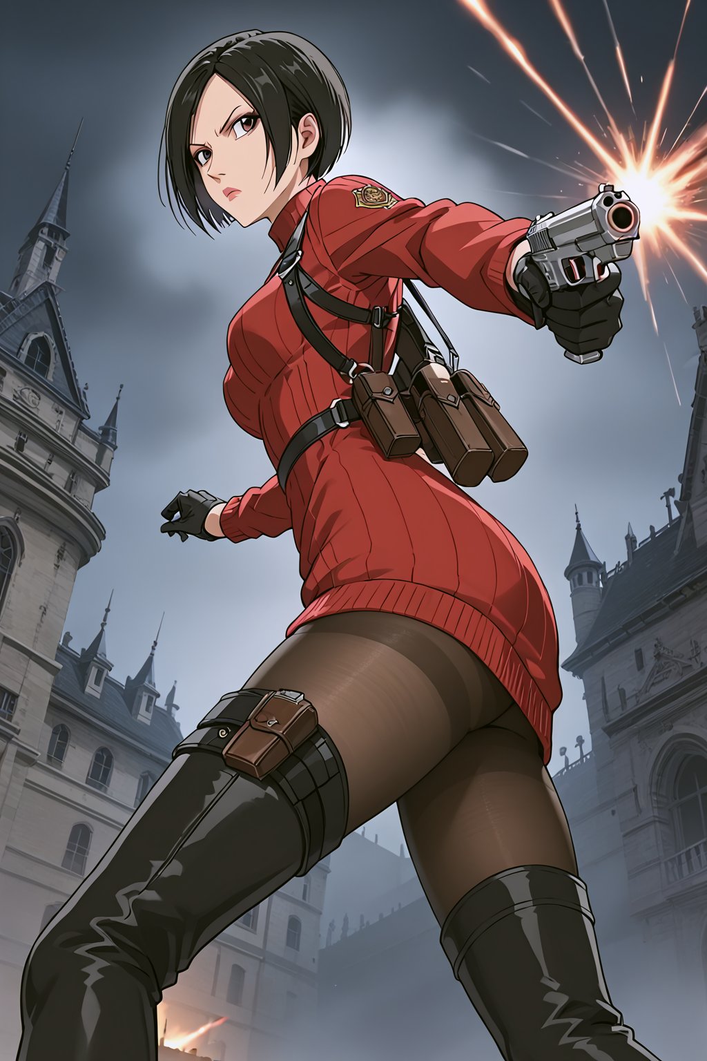 score_9,score_8_up,score_7_up,source_resident_evil_4,ada wong,solo, (burgundy_sweater,thigh boots,black pantyhose,holster,harness,black gloves,one handgun),serious,action shot,gunshot,dynamic_pose,action_pose,inside_castle,horror_themed,dark,night,fog,viewed_from_side,low-angle_shot,official anime screenshot,official anime screencap,source_anime,