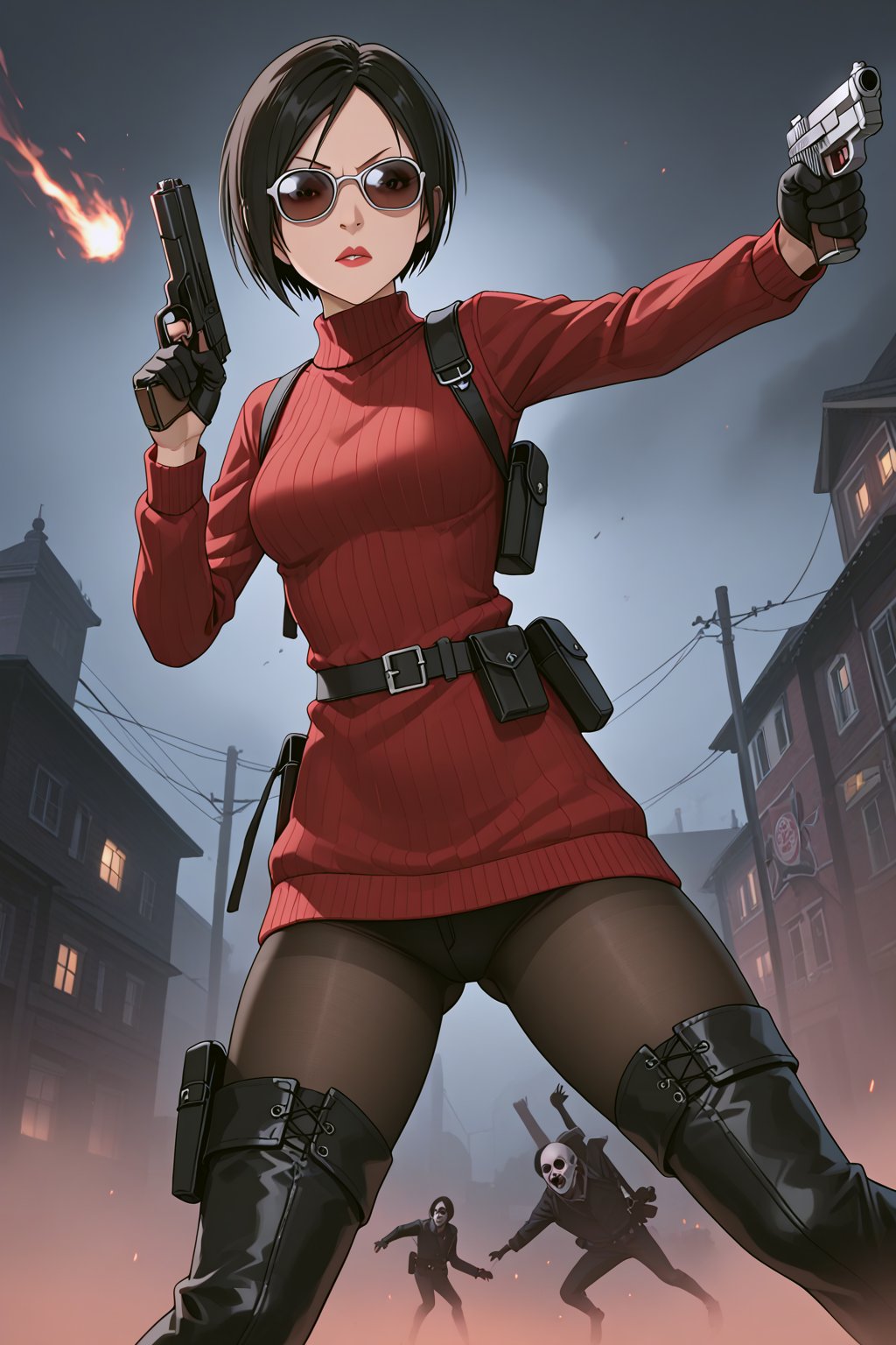 score_9, score_8_up, score_7_up, source_resident_evil_4,1girl,solo, ada wong, (burgundy sweater, thigh boots, black pantyhose, sunglasses,holster, black gloves,handgun), action_pose,dynamic_pose, horror themed, dark,night,fog