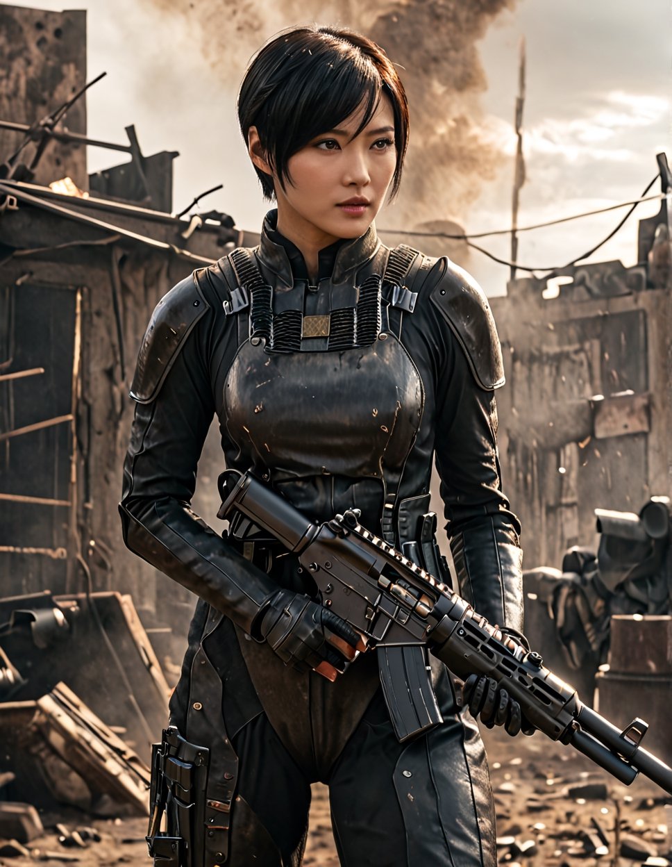 falloutcinematic, 24yo Ada Wong with BLACK asymmetrical blunt bobcut and (black eyeshadow), wearing (chinese stealth suit))), skillfully handling a rifle. The scene unfolds in a postapocalyptic wasteland, captured in a gritty, action-packed battle sequence. She is modeled with volumetric lighting, enhancing the drama of the scene. Render this image in 8K Extremely Realistic, focusing on achieving an extremely hyper-detailed and intricate composition that feels like an epic. The cinematic lighting should be emphasized to create a masterpiece effect. Ensure the image is in 8K resolution, Her face should be prominently framed, conveying intensity and focus. Choose an editorial medium body shot style of photography, maintaining an 8K RAW photo level quality, treated as a masterpiece. ensuring the render is extremely realistic and detailed, following the high standards of SDXL. Enhance the realism and detail of the hands (Perfect hands:1.2),M16 Rifle series,Extremely Realistic,fallout,chinese stealth suit