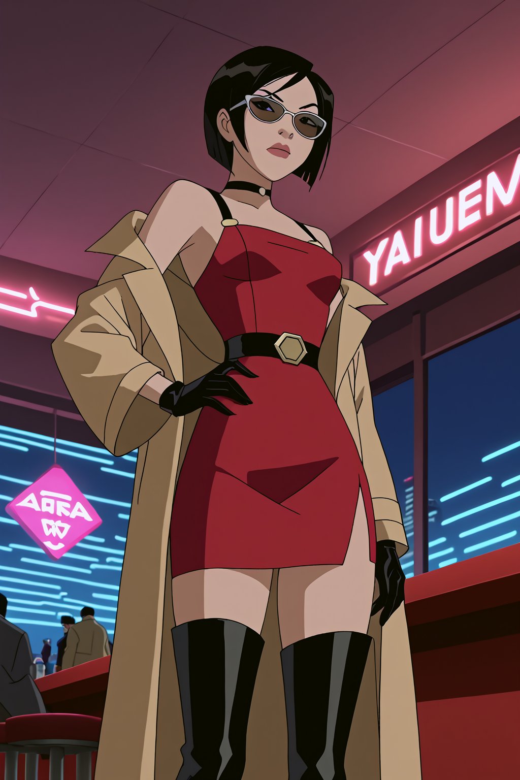 score_9,score_8_up,score_7_up,source_resident_evil_2,mulan as ada wong,solo, (brown trenchcoat,short shoulderfree red dress, thigh boots,black pantyhose,black gloves,sunglasses),serious,shows middle finger,hand on hip,indoors,cyberpunk,sci-fi,futuristic,night,neon lights,bar,low-angle_shot,official anime screenshot,official anime screencap,source_anime,dcaustyle