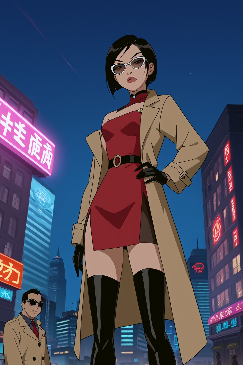 score_9,score_8_up,score_7_up,source_resident_evil_2,mulan as ada wong,solo, (brown trenchcoat,short shoulderfree red dress, thigh boots,black pantyhose,black gloves,sunglasses),serious,shows middle finger,hand on hip,cyberpunk,sci-fi,futuristic,night,neon lights,city,low-angle_shot,official anime screenshot,official anime screencap,source_anime,dcaustyle