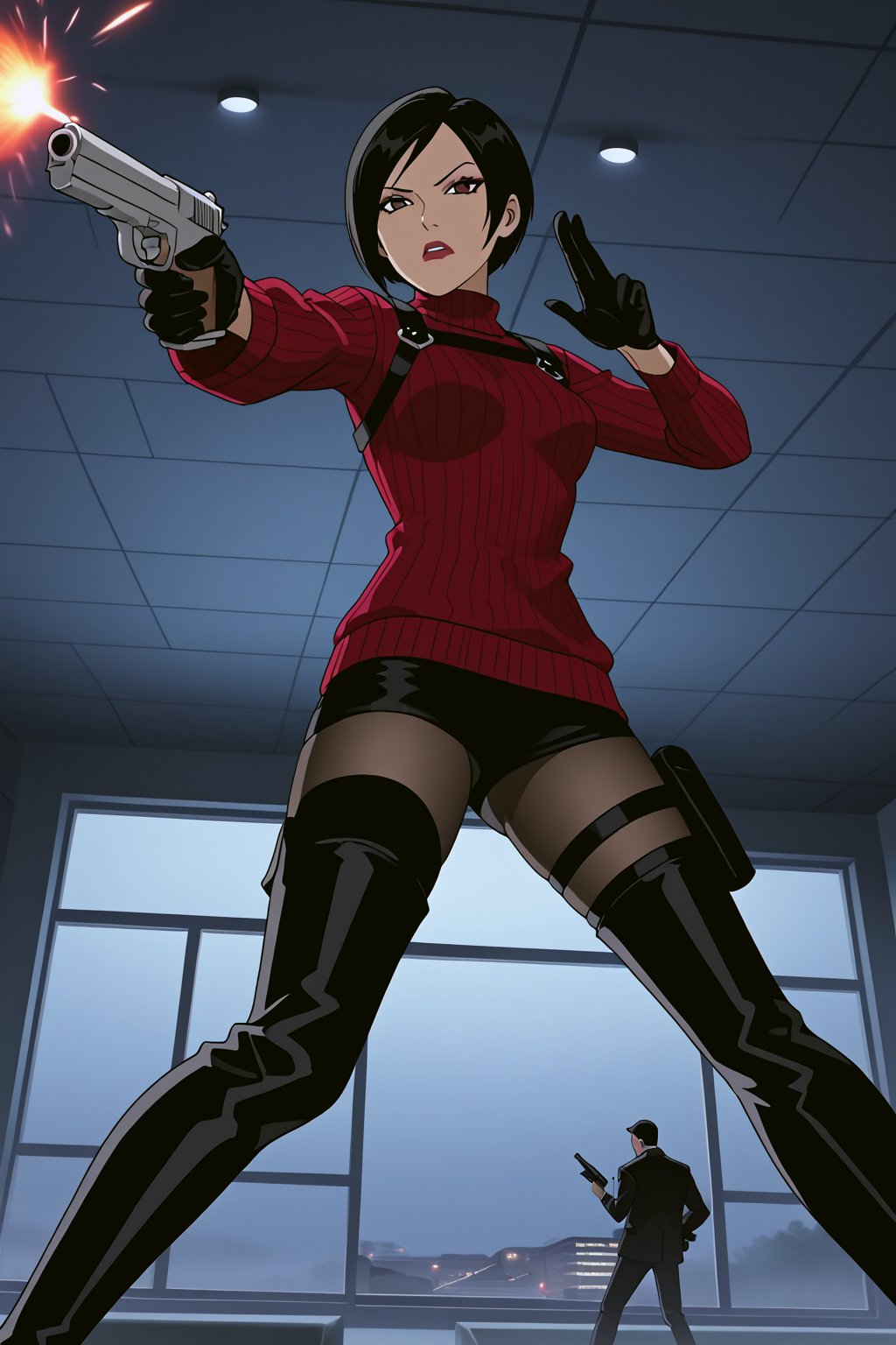 score_9,score_8_up,score_7_up,source_resident_evil_4,ada wong,solo, (burgundy_sweater,thigh boots,black pantyhose,holster,harness,black gloves,one handgun),serious,action shot,gunshot,dynamic_pose,action_pose,indoors,office,horror_themed,dark,night,fog,viewed_from_side,low-angle_shot,official anime screenshot,official anime screencap,source_anime,dcaustyle