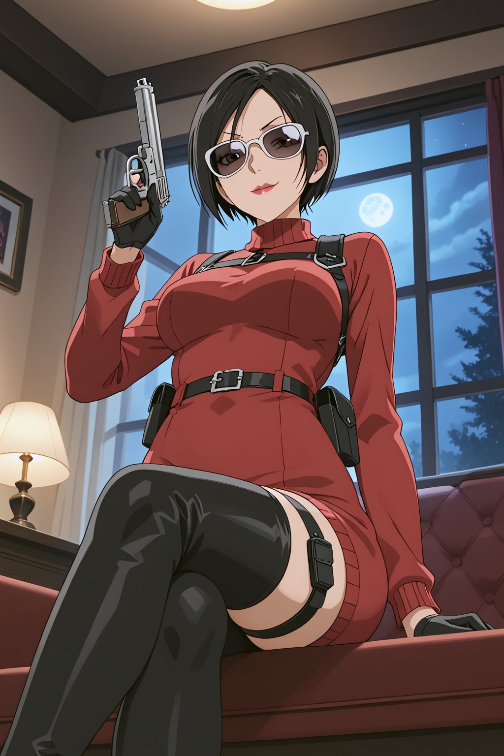 score_9,score_8_up,score_7_up,ada wong,solo, (burgundy sweater,thigh boots,black pantyhose,holster,harness,black gloves,sunglasses,handgun),evil smug,crossed_legs_(sitting),indoors,window,horror_themed,dark,night,dark atmosphere,spooky,low-angle_shot,from below,official anime screenshot,official anime screencap,source_hentai