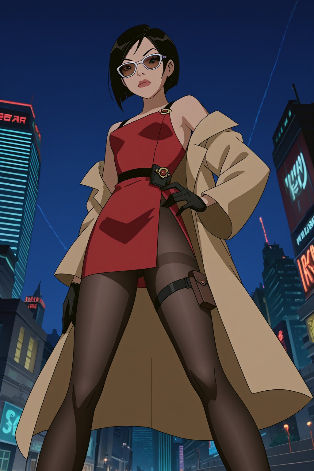 score_9,score_8_up,score_7_up,source_resident_evil_2,mulan as ada wong,solo, (brown trenchcoat,short shoulderfree red dress,black pantyhose,black gloves,sunglasses,holster),serious,shows middle finger,hand on hip,cyberpunk,sci-fi,futuristic,night,neon lights,city,low-angle_shot,official anime screenshot,official anime screencap,source_anime,dcaustyle