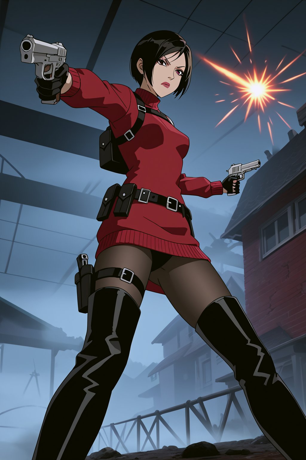 score_9,score_8_up,score_7_up,source_resident_evil_4,ada wong,solo, (burgundy_sweater,thigh boots,black pantyhose,holster,harness,black gloves,one handgun),serious,action shot,gunshot,dynamic_pose,action_pose,indoors,horror_themed,dark,night,fog,viewed_from_side,low-angle_shot,official anime screenshot,official anime screencap,source_anime,dcaustyle