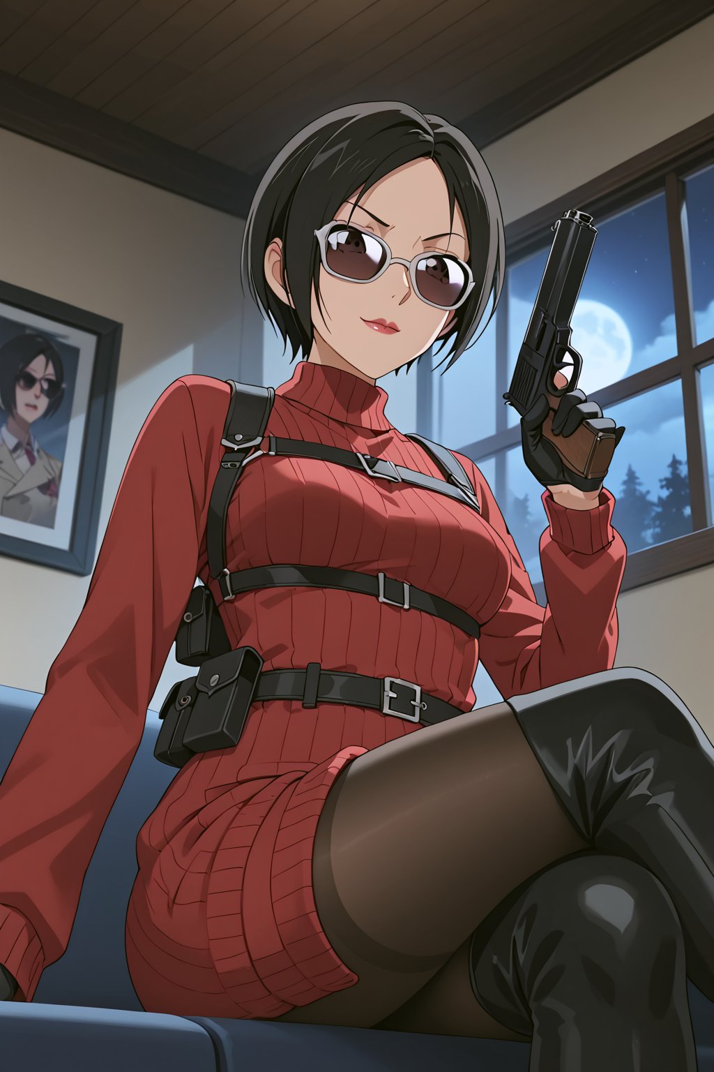 score_9,score_8_up,score_7_up,ada wong,solo, (burgundy sweater,thigh boots,black pantyhose,holster,harness,black gloves,sunglasses,handgun),evil smug,crossed_legs_(sitting),indoors,window,horror_themed,dark,night,dark atmosphere,spooky,low-angle_shot,from below,official anime screenshot,official anime screencap,source_hentai