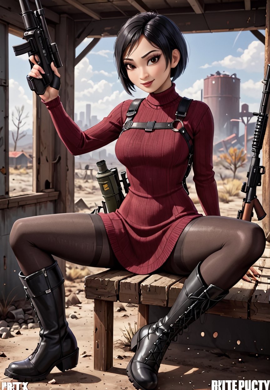 ((((Fallout_4_style)))), 24yo Ada Wong with BLACK asymmetrical blunt bobcut and (black eyeshadow), wearing (burgundy turtleneck sweater dress) with ((black_harness)), ((((black nylon pantyhose)))) under, (((long Black leather thighhigh boots))), she holds a (((Assault Rifle))), sitting in apocalyptic ((wastecity)), smirk, hypnosis gaze, nighttime, haze, perfect composition, epic, rtx on, UHD, 32K, photorealistic, ((natural realistic skin tone and texture)). Fallout_4_logo,disney pixar style