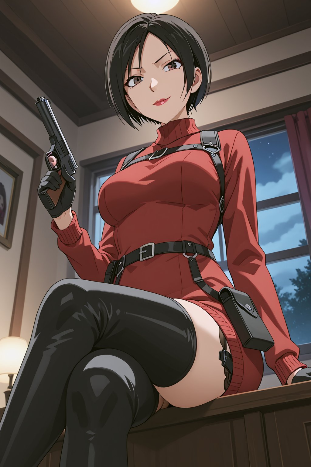 score_9,score_8_up,score_7_up,ada wong,solo, (burgundy sweater,thigh boots,black pantyhose,holster,harness,black gloves,sunglasses,handgun),evil smug,crossed_legs_(sitting),indoors,window,horror_themed,dark,night,dark atmosphere,spooky,low-angle_shot,from below,official anime screenshot,official anime screencap,source_hentai