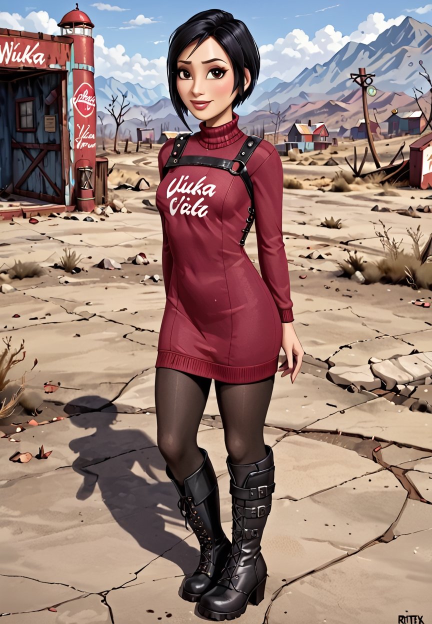 ((((Fallout_4_style)))), 24yo Ada Wong with BLACK asymmetrical blunt bobcut and (black eyeshadow), wearing (burgundy turtleneck sweater dress) with ((black_harness)), ((((black nylon pantyhose)))) under, (((long Black leather thighhigh boots))), in apocalyptic ((wastecity)), Nuka_Cola_Bottle, Vault Tec, smile, hypnosis gaze, haze, perfect composition, epic, rtx on, UHD, 32K, photorealistic, ((natural realistic skin tone and texture)). Fallout_4_logo,disney pixar style,fallout,score_9
