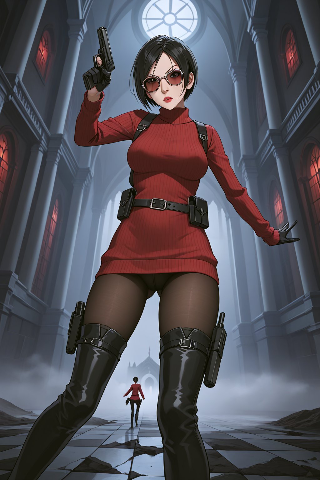 score_9, score_8_up, score_7_up, source_resident_evil_4,1girl,solo, ada wong, (burgundy sweater, thigh boots, black pantyhose, sunglasses,holster, black gloves,handgun),inside castle, action_pose, horror themed, dark,night,fog