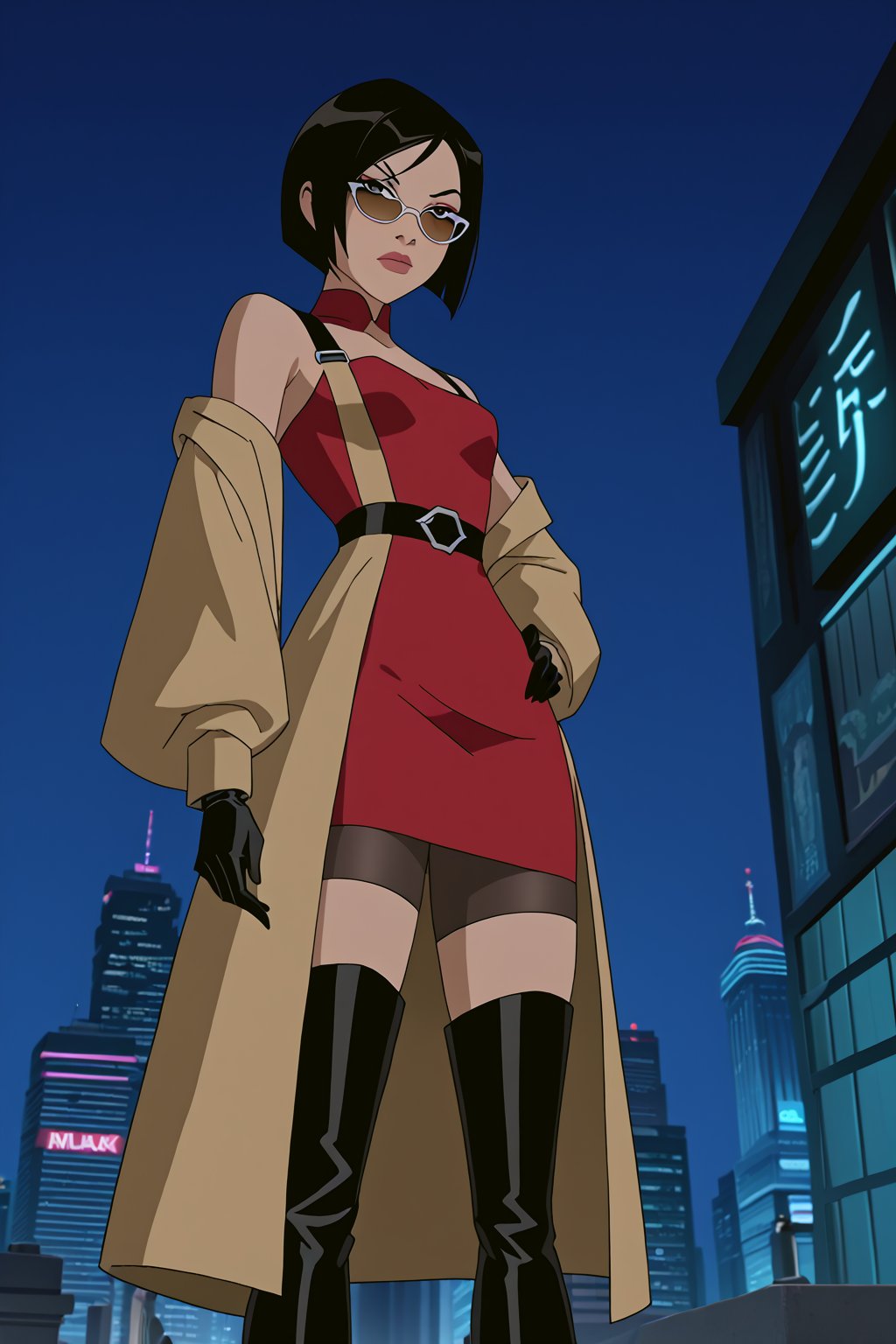 score_9,score_8_up,score_7_up,source_resident_evil_2,mulan as ada wong,solo, (brown trenchcoat,short shoulderfree red dress, thigh boots,black pantyhose,black gloves,sunglasses),serious,shows middle finger,hand on hip,cyberpunk,sci-fi,futuristic,night,neon lights,city,low-angle_shot,official anime screenshot,official anime screencap,source_anime,dcaustyle