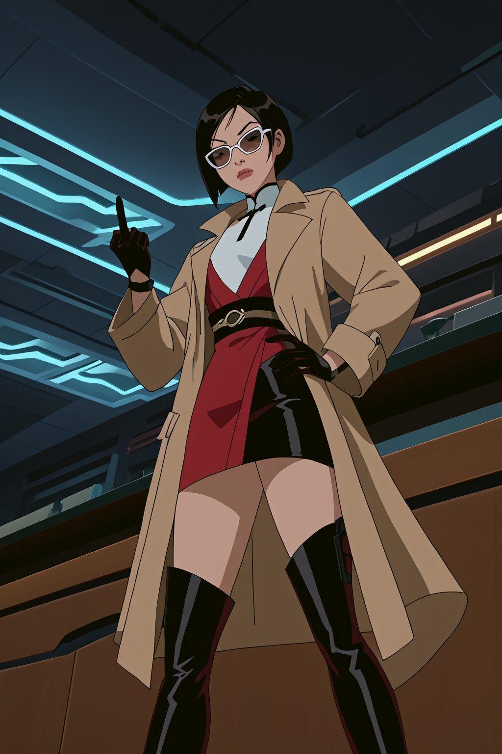 score_9,score_8_up,score_7_up,source_resident_evil_2,mulan as ada wong,solo, (brown trenchcoat,thigh boots,black pantyhose,black gloves,sunglasses),serious,shows middle finger,hand on hip,indoors,cyberpunk,sci-fi,futuristic,night,dark,bar,low-angle_shot,official anime screenshot,official anime screencap,source_anime,dcaustyle