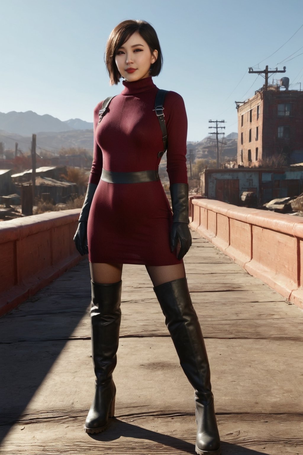 ((((Fallout_4_style)))), 24yo chinese girl, with BLACK asymmetrical blunt bobcut, (black eyeshadow), wearing (burgundy turtleneck sweater dress) with ((black_harness)), ((((black nylon pantyhose)))) under, (((long Black leather thighhigh boots))), in apocalyptic ((wastecity)), smirk, volumetric lighting, Render this image in 8K Extremely Realistic, Ensure the image is in 8K resolution, maintaining an 8K RAW photo level quality, treated as a masterpiece. ensuring the render is extremely realistic and detailed, following the high standards of SDXL. Enhance the realism and detail of the hands (Perfect hands:1.2), Fallout_4_logo