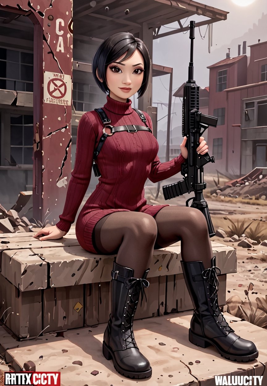 ((((Fallout_4_style)))), 24yo Ada Wong with BLACK asymmetrical blunt bobcut and (black eyeshadow), wearing (burgundy turtleneck sweater dress) with ((black_harness)), ((((black nylon pantyhose)))) under, (((long Black leather thighhigh boots))), she holds a (((Assault Rifle))), sitting in apocalyptic ((wastecity)), smirk, hypnosis gaze, nighttime, haze, perfect composition, epic, rtx on, UHD, 32K, photorealistic, ((natural realistic skin tone and texture)). Fallout_4_logo,disney pixar style