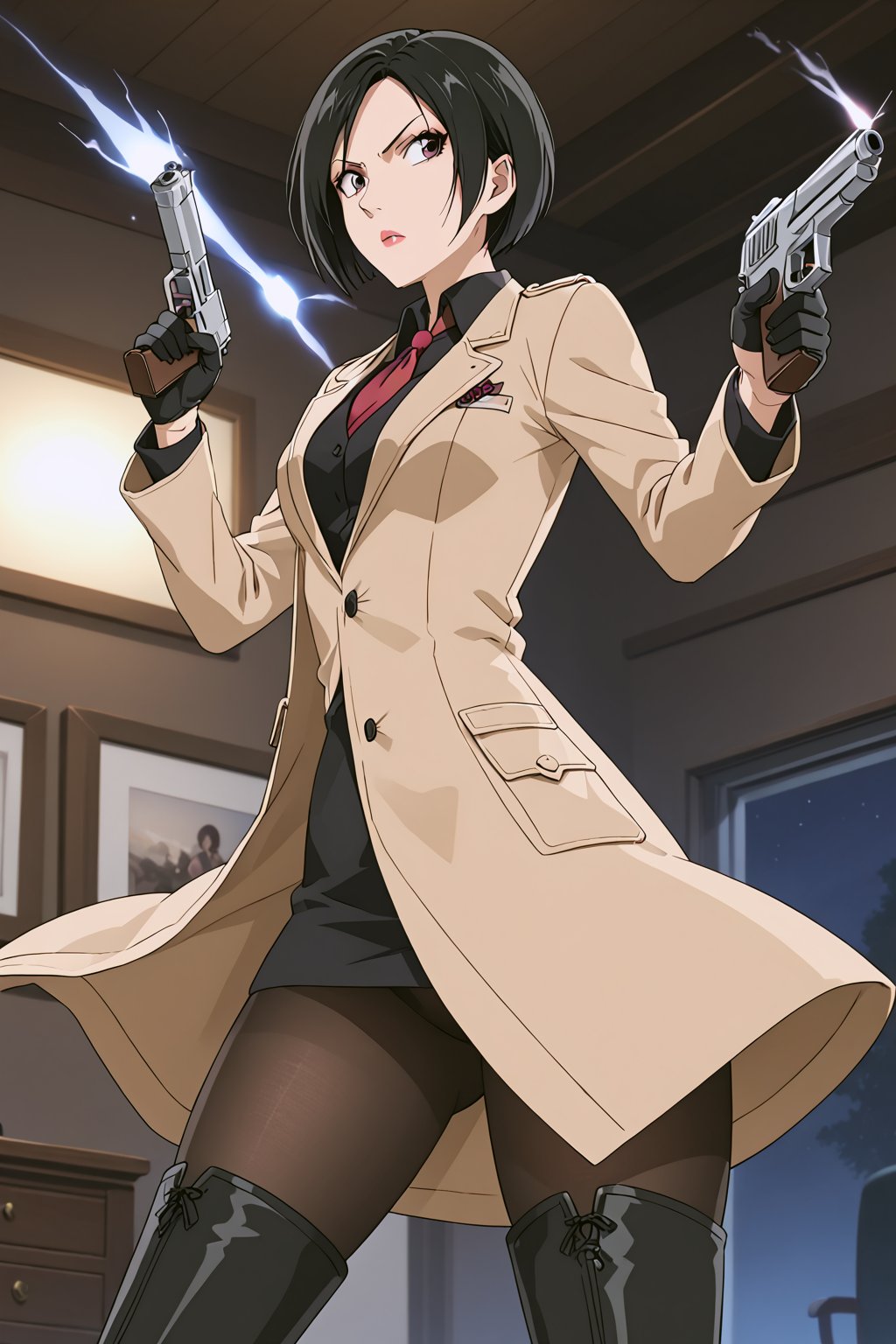 score_9,score_8_up,score_7_up,source_resident_evil_2,ada wong,solo, (brown trenchcoat,thigh boots,black pantyhose,black gloves,sunglasses,one handgun),serious,action shot,gunshot,dynamic_pose,action_pose,indoors,office,horror_themed,dark,night,dark atmosphere,spooky,viewed_from_side,low-angle_shot,official anime screenshot,official anime screencap,source_anime