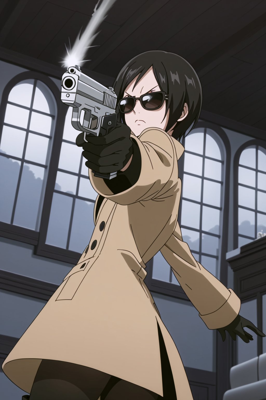 score_9,score_8_up,score_7_up,source_resident_evil_2,ada wong,solo, (brown trenchcoat,thigh boots,black pantyhose,black gloves,sunglasses,one handgun),serious,action shot,gunshot,dynamic_pose,action_pose,indoors,horror_themed,dark,night,dark atmosphere,spooky,viewed_from_side,low-angle_shot,official anime screenshot,official anime screencap,source_anime,fairy_tail_style