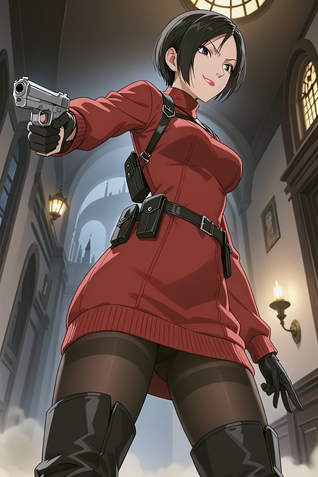 score_9,score_8_up,score_7_up,soutce_resident_evil_4,ada wong,solo, (burgundy_sweater,thigh boots,black pantyhose,holster,harness,black gloves,one handgun),smug,pointing handgun,action, action_pose,inside_castle,horror_themed,dark,night,fog,viewed_from_side,low-angle_shot,official anime screenshot,official anime screencap,source_anime