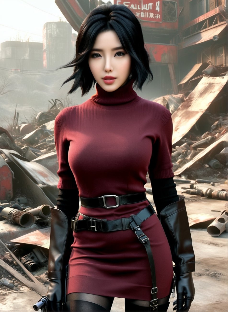 ((((Fallout_4_style)))), 24yo chinese girl Li Bingbing, with BLACK asymmetrical blunt bobcut, (black eyeshadow), wearing (burgundy turtleneck sweater dress) with ((black_harness)), ((((black nylon pantyhose)))) under, (((long Black leather thighhigh boots))), backpack, she holds a (((Assault Rifle))), in apocalyptic ((wastecity)), smirk, Fallout_4_logo, exotic realism, tattoo-inspired