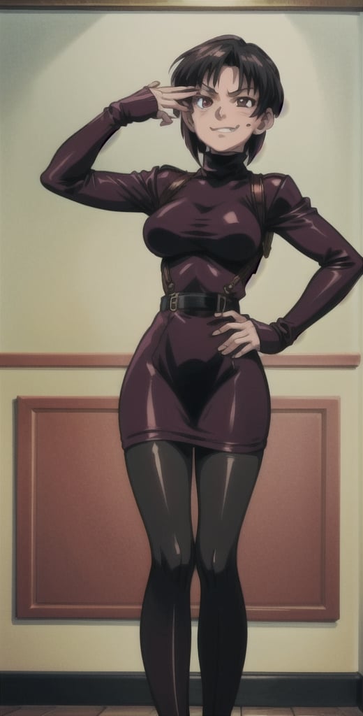 ((Masterpiece, best quality)), Thigh up, EPBlackLagoonStyle, Solo, Ada Wong with Asymmetrical short hair, wearing a ((burgundy Turtleneck sweater dress)), (((black Pantyhose))), (((Long black leather thighhigh Boots))), (Holster, harness), fingergun g2head, smirk, dark atmosphere, Horror themed, midnight, inside Police station,Anime,EPBlackLagoonStyle