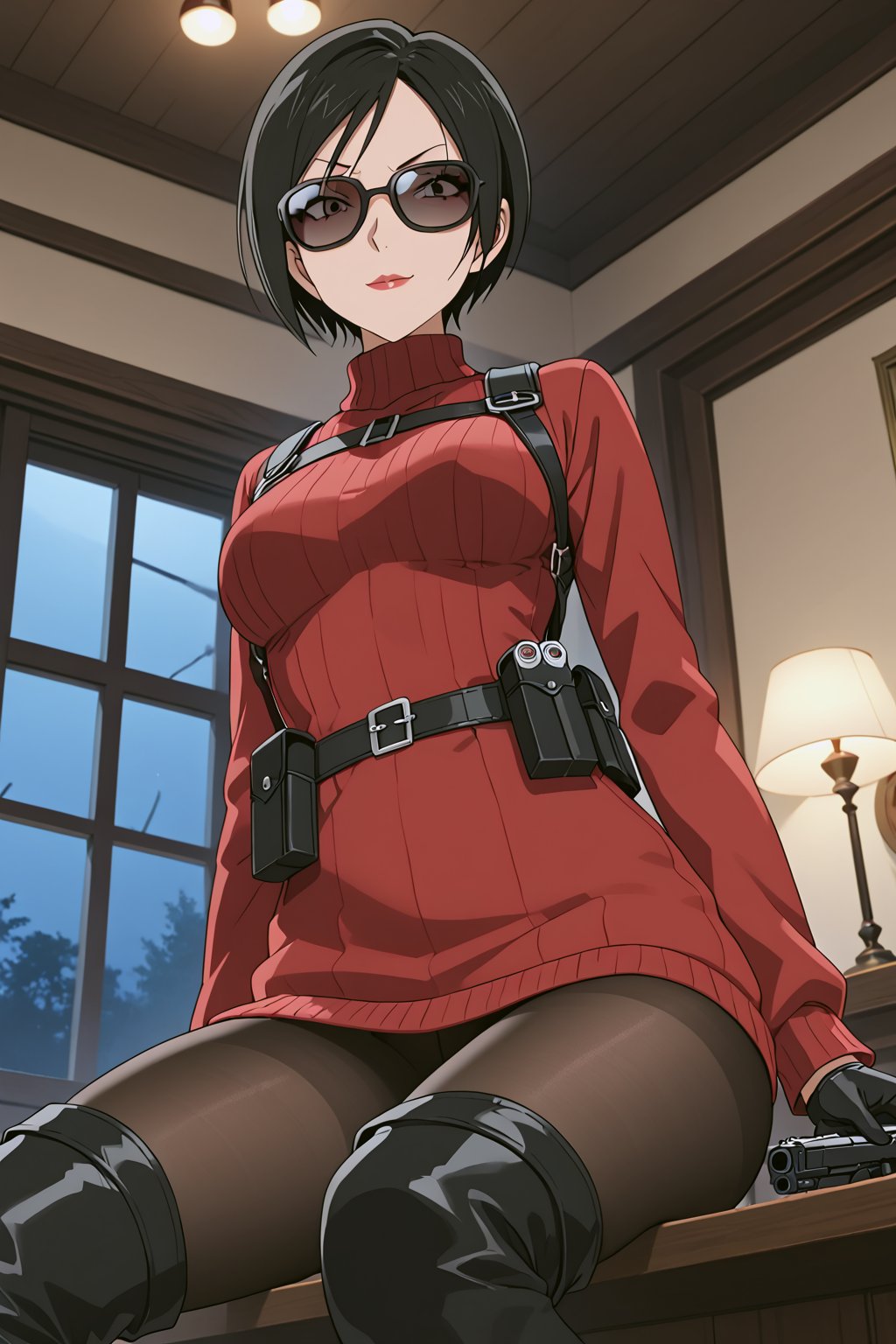 score_9,score_8_up,score_7_up,ada wong,solo, (burgundy sweater,thigh boots,black pantyhose,holster,harness,black gloves,sunglasses,handgun),evil smug,crossed_legs_(sitting),indoors,window,horror_themed,dark,night,dark atmosphere,spooky,low-angle_shot,from below,official anime screenshot,official anime screencap,source_hentai