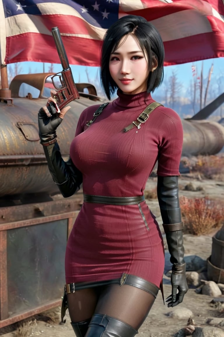 Best quality,ultra-realistic,hyper-realistic,8K,fallout, 24yo Ada Wong with BLACK asymmetrical blunt bobcut and (black eyeshadow), wearing (burgundy turtleneck sweater dress) with ((black_harness)), ((((black nylon pantyhose)))) under, (((long Black leather overknee thighhigh boots))), holding ((Handgun)), sitting, american flag, Nuka_Cola_Bottle, smile, wasteland, Fallout_4_logo,Asian,Chinese ,Model,Girl