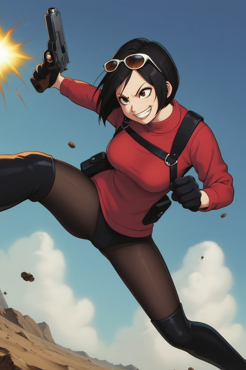 score_9,score_8_up,score_7_up,ada wong,solo, (burgundy sweater,thigh boots,black pantyhose,holster,harness,black gloves,sunglasses on head,handgun,aiming, grin,action shot,gunshot,dynamic_pose,action_pose,viewed_from_below,source_cartoon,source_anime,drgbls1