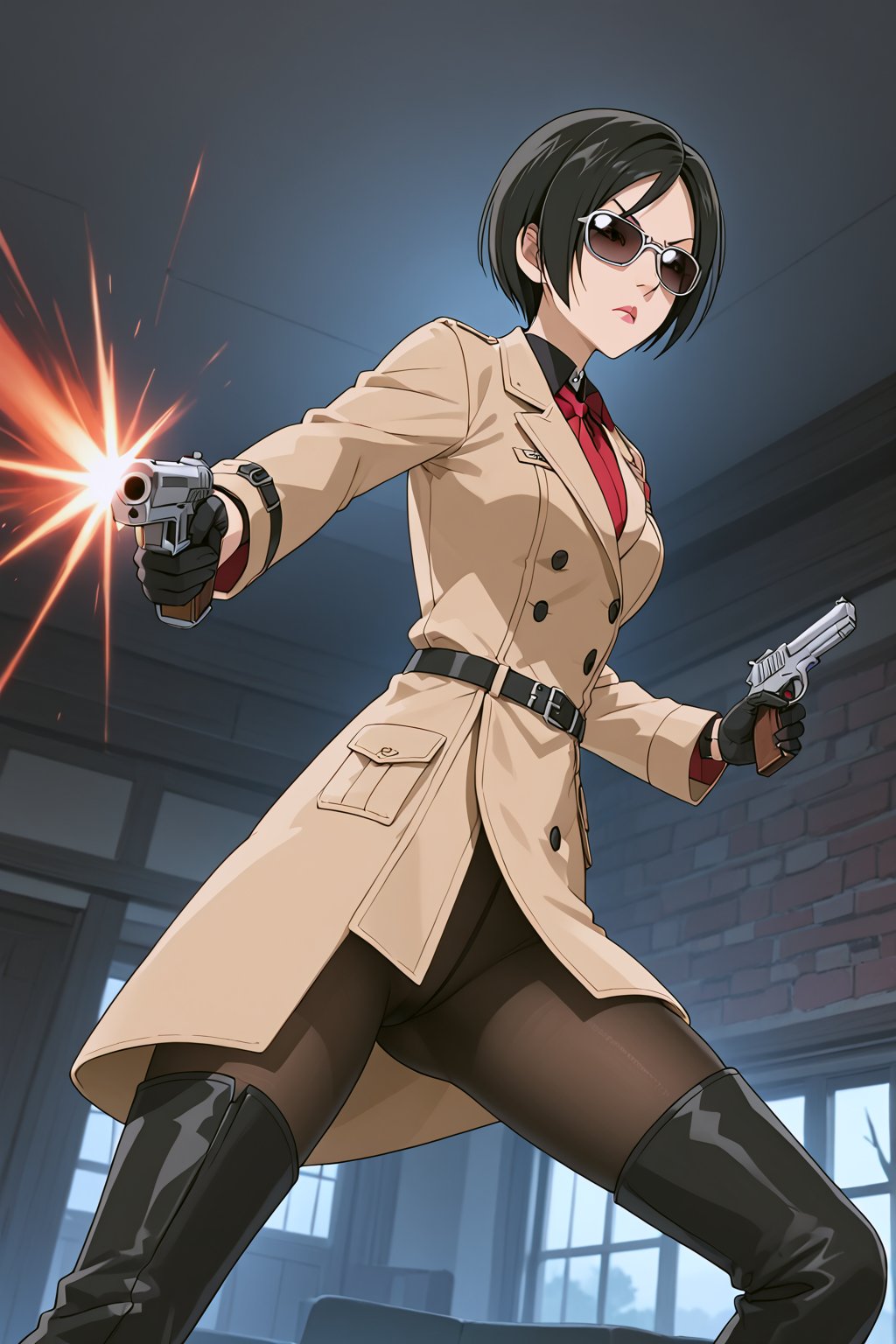 score_9,score_8_up,score_7_up,source_resident_evil_2,ada wong,solo, (brown trenchcoat,thigh boots,black pantyhose,black gloves,sunglasses,one handgun),serious,action shot,gunshot,dynamic_pose,action_pose,indoors,horror_themed,dark,night,dark atmosphere,spooky,viewed_from_side,low-angle_shot,official anime screenshot,official anime screencap,source_anime