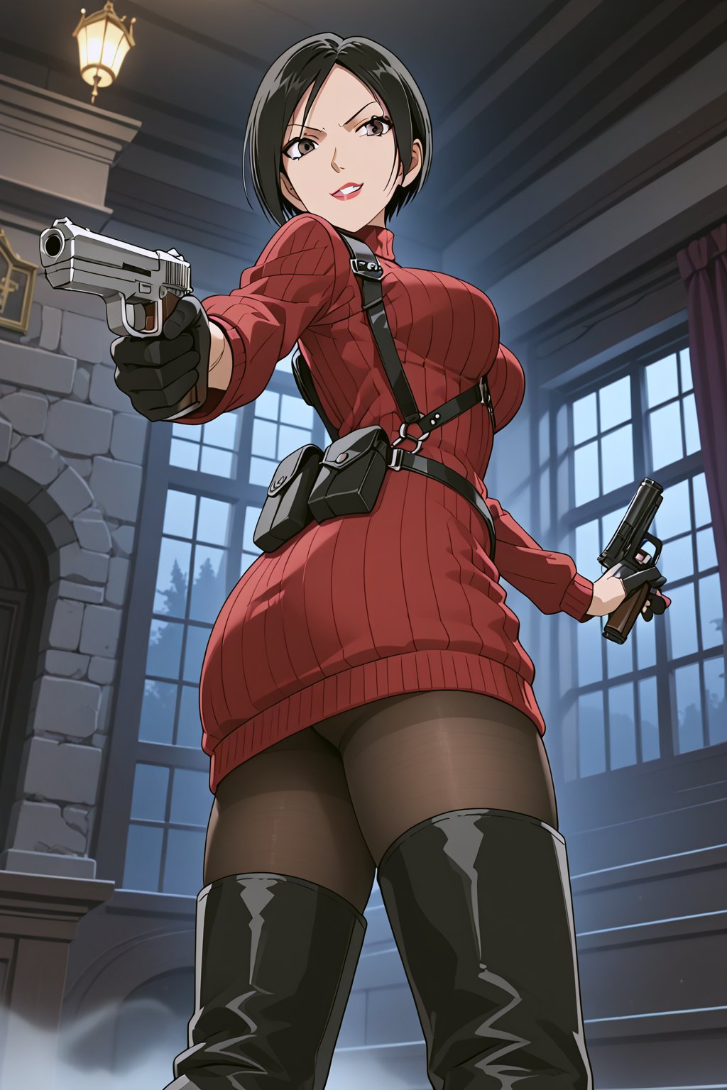 score_9,score_8_up,score_7_up,soutce_resident_evil_4,ada wong,solo, (burgundy_sweater,thigh boots,black pantyhose,holster,harness,black gloves,one handgun),smug,pointing handgun,action, action_pose,inside_castle,horror_themed,dark,night,fog,viewed_from_side,low-angle_shot,official anime screenshot,official anime screencap,source_anime