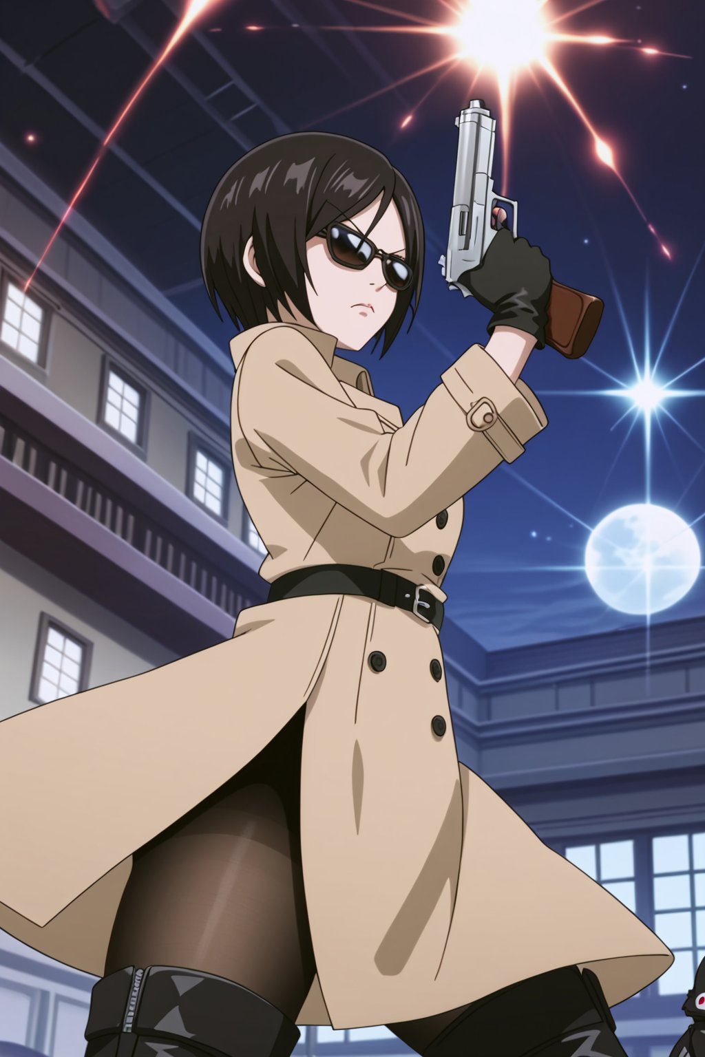 score_9,score_8_up,score_7_up,source_resident_evil_2,ada wong,solo, (brown trenchcoat,thigh boots,black pantyhose,black gloves,sunglasses,one handgun),serious,action shot,gunshot,dynamic_pose,action_pose,indoors,horror_themed,dark,night,dark atmosphere,spooky,viewed_from_side,low-angle_shot,official anime screenshot,official anime screencap,source_anime,fairy_tail_style