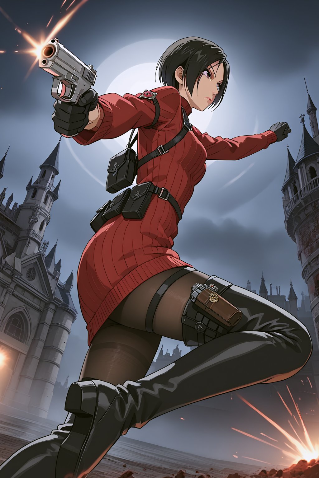 score_9,score_8_up,score_7_up,source_resident_evil_4,ada wong,solo, (burgundy_sweater,thigh boots,black pantyhose,holster,harness,black gloves,one handgun),serious,action shot,gunshot,dynamic_pose,action_pose,inside_castle,horror_themed,dark,night,fog,viewed_from_side,low-angle_shot,official anime screenshot,official anime screencap,source_anime,