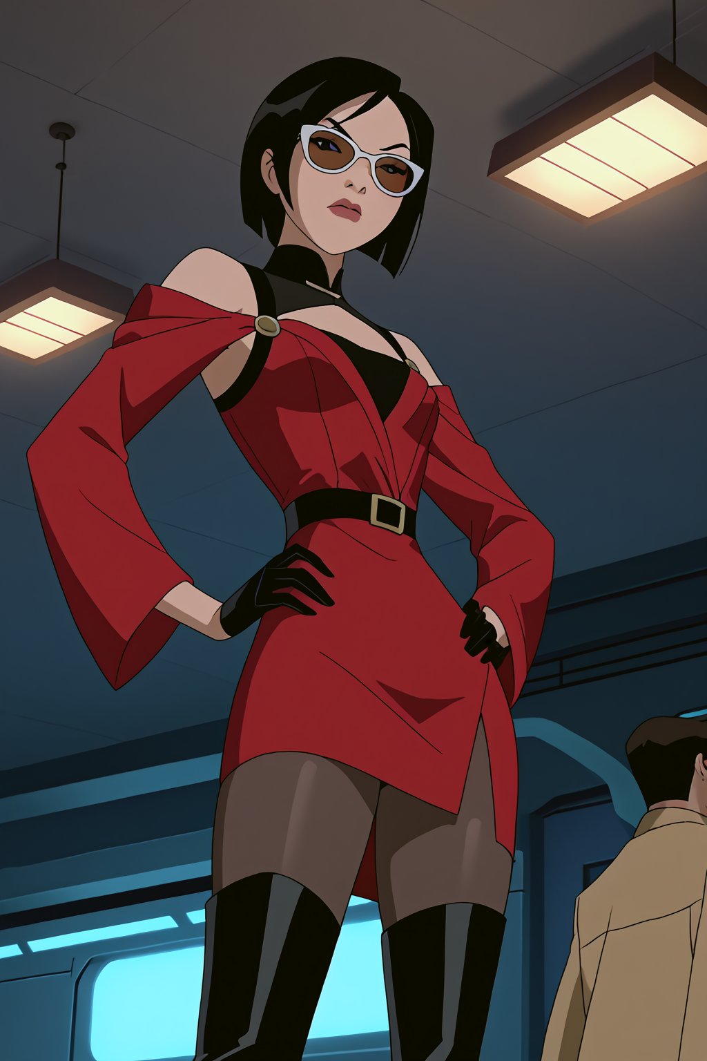 score_9,score_8_up,score_7_up,source_resident_evil_2,mulan as ada wong,solo, (brown trenchcoat,short shoulderfree red dress, thigh boots,black pantyhose,black gloves,sunglasses),serious,shows middle finger,hand on hip,indoors,cyberpunk,sci-fi,futuristic,night,dark,bar,low-angle_shot,official anime screenshot,official anime screencap,source_anime,dcaustyle