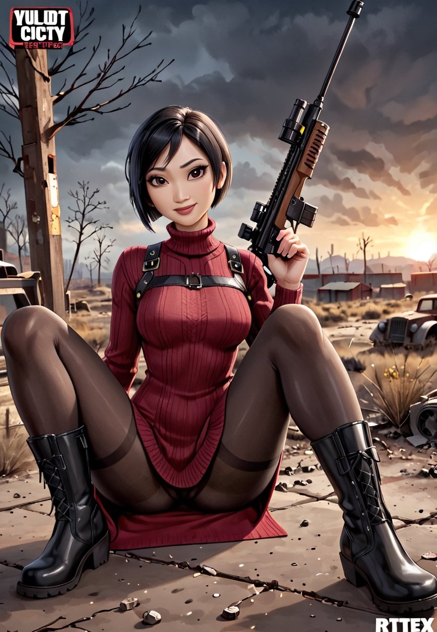 ((((Fallout_4_style)))), 24yo Ada Wong with BLACK asymmetrical blunt bobcut and (black eyeshadow), wearing (burgundy turtleneck sweater dress) with ((black_harness)), ((((black nylon pantyhose)))) under, (((long Black leather thighhigh boots))), she holds a (((Assault Rifle))), sitting in apocalyptic ((wastecity)), smirk, hypnosis gaze, nighttime, haze, perfect composition, epic, rtx on, UHD, 32K, photorealistic, ((natural realistic skin tone and texture)). Fallout_4_logo,disney pixar style