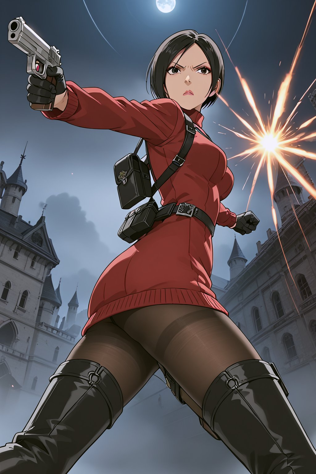 score_9,score_8_up,score_7_up,source_resident_evil_4,ada wong,solo, (burgundy_sweater,thigh boots,black pantyhose,holster,harness,black gloves,one handgun),serious,action shot,gunshot,dynamic_pose,action_pose,inside_castle,horror_themed,dark,night,fog,viewed_from_side,low-angle_shot,official anime screenshot,official anime screencap,source_anime,