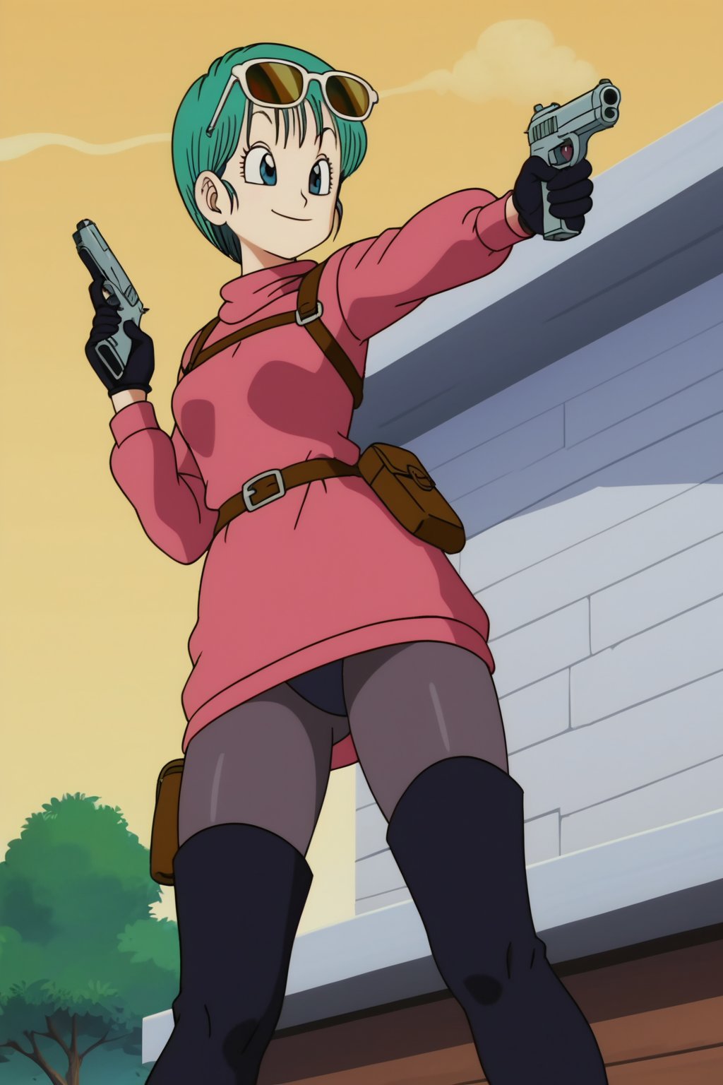 score_9,score_8_up,score_7_up,bulma as ada wong,solo, (burgundy sweater,thigh boots,black pantyhose,holster,harness,black gloves,sunglasses on head,handgun,aiming,smug,viewed_from_below,official anime screenshot,official anime screencap,source_anime,drgbls1