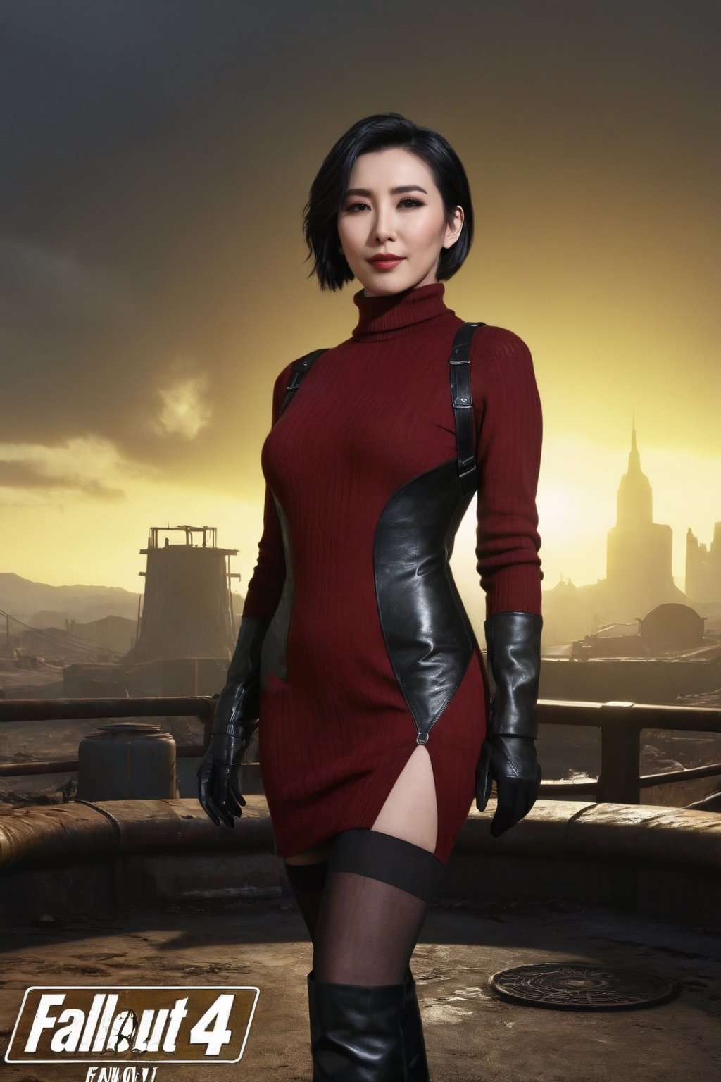((((Fallout_4_style)))), 24yo li bingbing, with BLACK asymmetrical blunt bobcut, (black eyeshadow), wearing (burgundy turtleneck sweater dress) with ((black_harness)), ((((black nylon pantyhose)))) under, (((long Black leather thighhigh boots))), in apocalyptic ((wastecity)), smirk, volumetric lighting, Render this image in 8K Extremely Realistic, Ensure the image is in 8K resolution, maintaining an 8K RAW photo level quality, treated as a masterpiece. ensuring the render is extremely realistic and detailed, following the high standards of SDXL. Enhance the realism and detail of the hands (Perfect hands:1.2), Fallout_4_logo