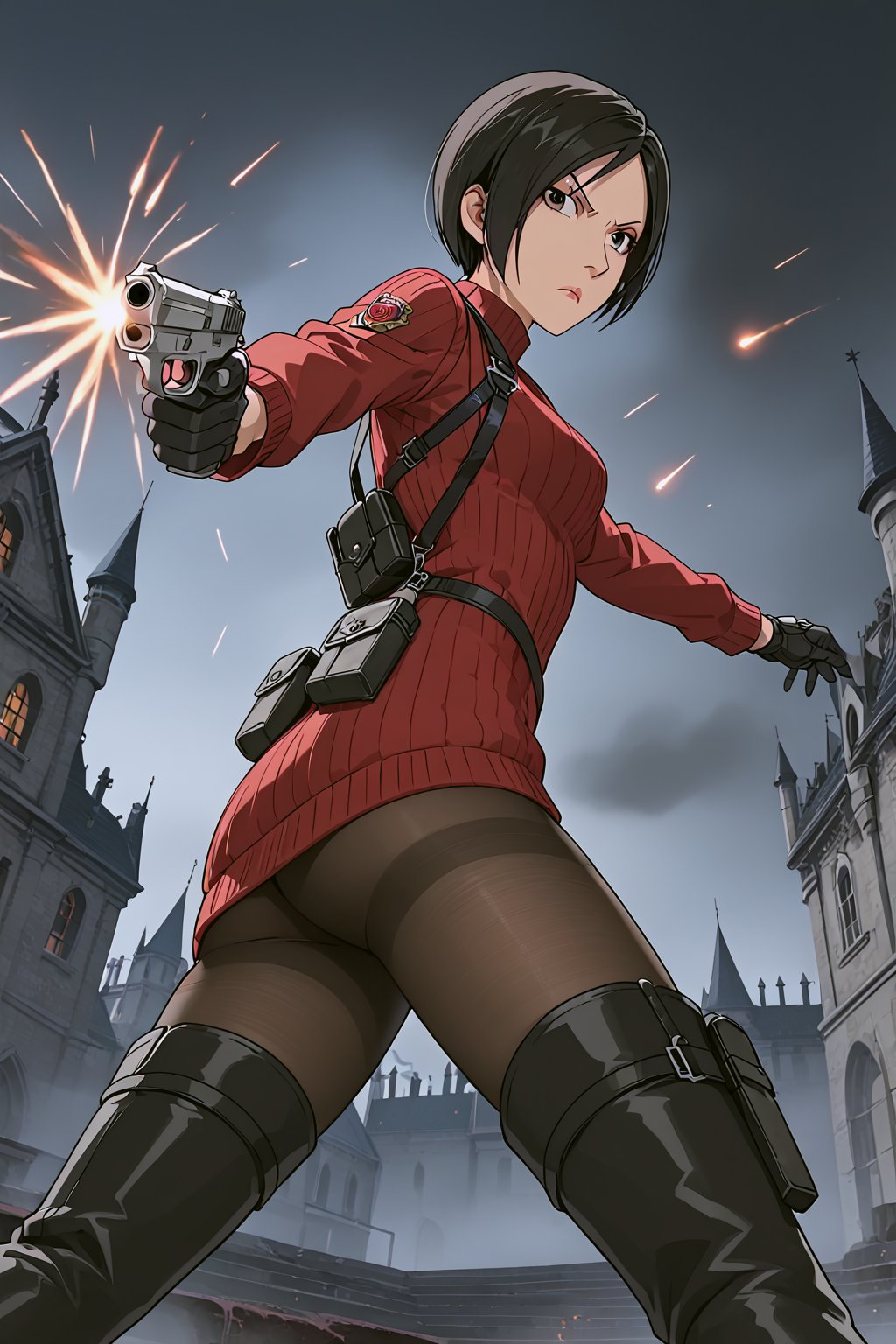 score_9,score_8_up,score_7_up,source_resident_evil_4,ada wong,solo, (burgundy_sweater,thigh boots,black pantyhose,holster,harness,black gloves,one handgun),serious,action shot,gunshot,dynamic_pose,action_pose,inside_castle,horror_themed,dark,night,fog,viewed_from_side,low-angle_shot,official anime screenshot,official anime screencap,source_anime,