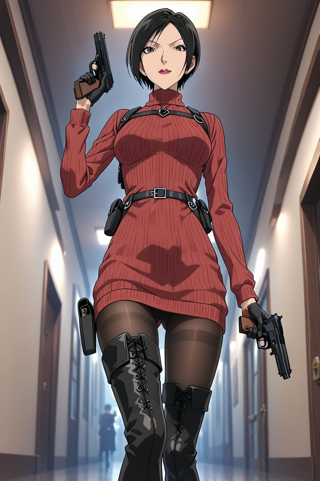 score_9,score_8_up,score_7_up,resident evil 2,ada wong,solo, (burgundy_sweater,thigh boots,black pantyhose,holster,harness,black gloves,one handgun),smug,pointing handgun,presenting_foot,action, action_pose,walking,inside,dark hallway,horror_themed,dark,night,fog,viewed_from_side,low-angle_shot,official anime screenshot,official anime screencap,source_anime