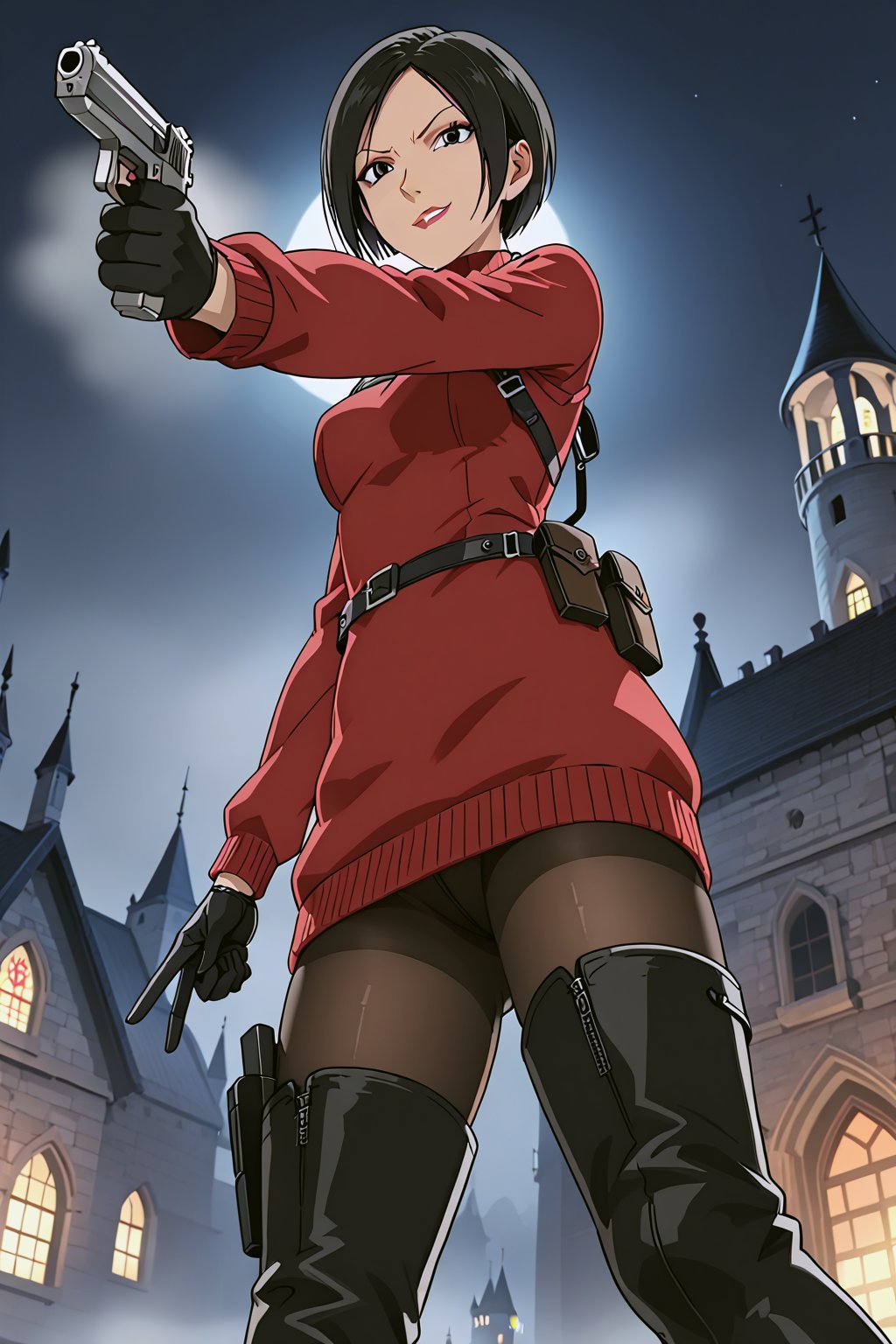 score_9,score_8_up,score_7_up,source_resident_evil_4,ada wong,solo, (burgundy_sweater,thigh boots,black pantyhose,holster,harness,black gloves,handgun),smug,pointing handgun,presenting_foot,action, action_pose,inside_castle,horror_themed,dark,night,fog,viewed_from_side,low-angle_shot,official anime screenshot,official anime screencap,source_anime