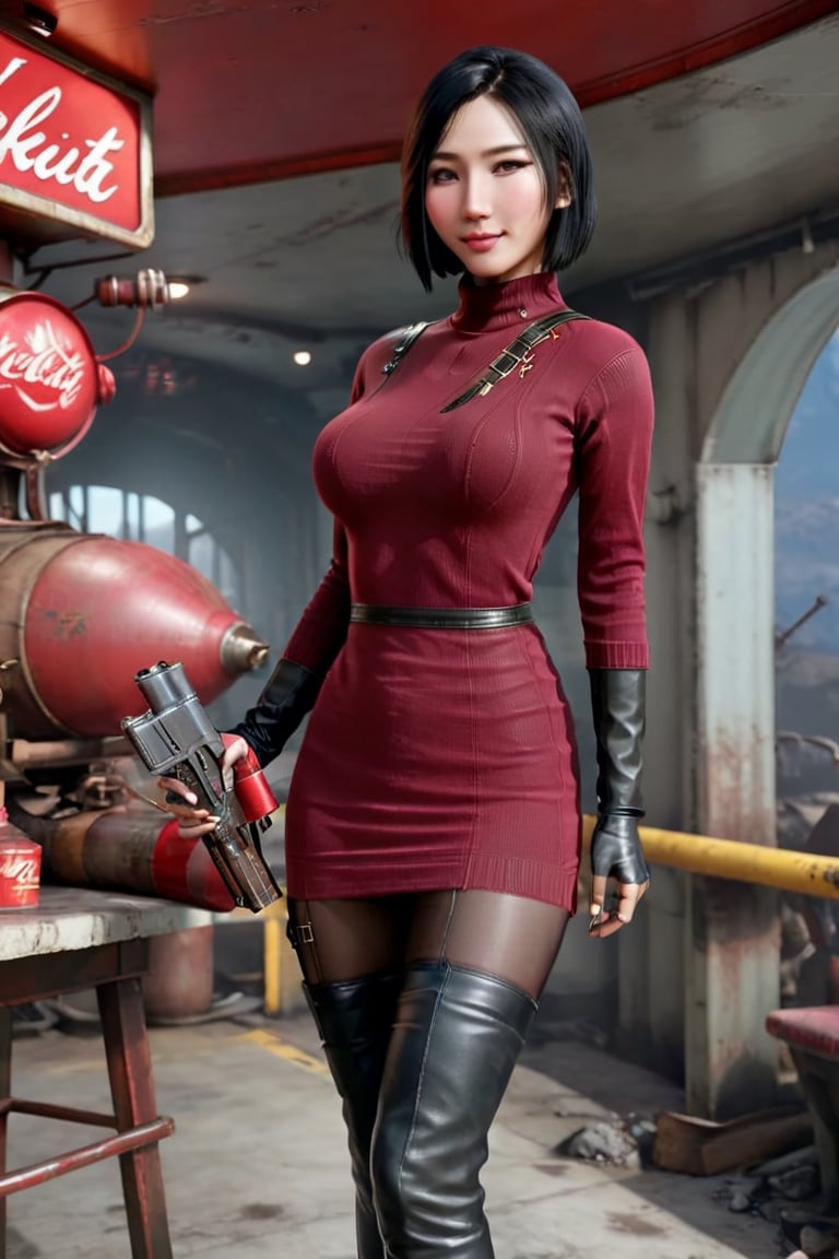 Best quality,ultra-realistic,hyper-realistic,8K,fallout, 24yo Ada Wong with BLACK asymmetrical blunt bobcut and (black eyeshadow), wearing (burgundy turtleneck sweater dress) with ((black_harness)), ((((black nylon pantyhose)))) under, (((long Black leather overknee thighhigh boots))), holding ((Handgun)), in Vault, Vault Tech flag, Nuka_Cola_Bottle, smile, Fallout_4_logo,Asian,Chinese ,Model,Girl