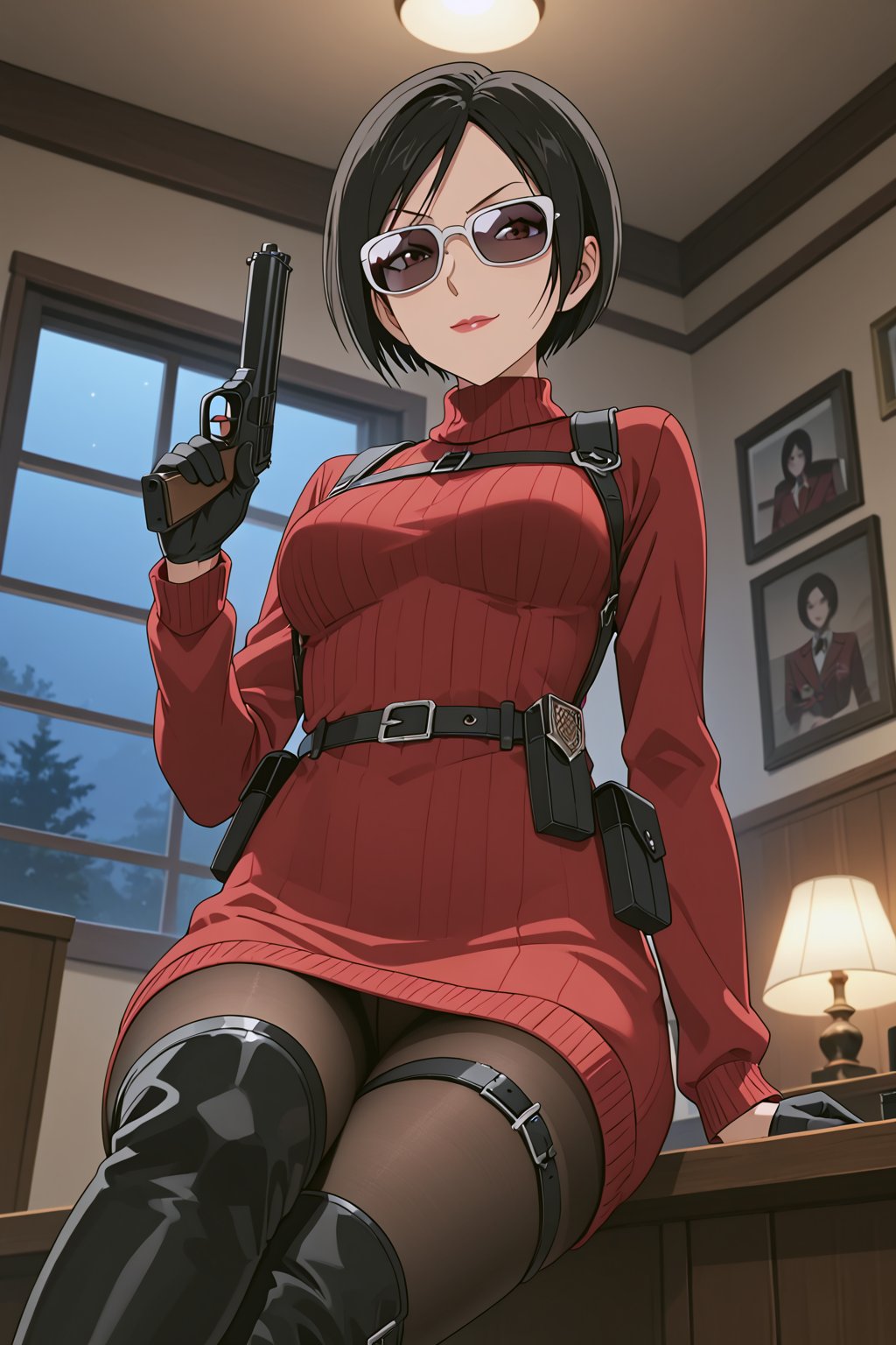 score_9,score_8_up,score_7_up,ada wong,solo, (burgundy sweater,thigh boots,black pantyhose,holster,harness,black gloves,sunglasses,handgun),evil smug,crossed_legs_(sitting),indoors,window,horror_themed,dark,night,dark atmosphere,spooky,low-angle_shot,from below,official anime screenshot,official anime screencap,source_hentai