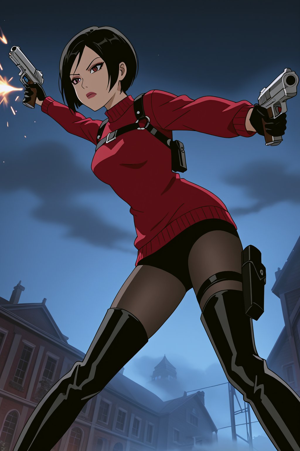 score_9,score_8_up,score_7_up,source_resident_evil_4,ada wong,solo, (burgundy_sweater,thigh boots,black pantyhose,holster,harness,black gloves,one handgun),serious,action shot,gunshot,dynamic_pose,action_pose,indoors,horror_themed,dark,night,fog,viewed_from_side,low-angle_shot,official anime screenshot,official anime screencap,source_anime,dcaustyle